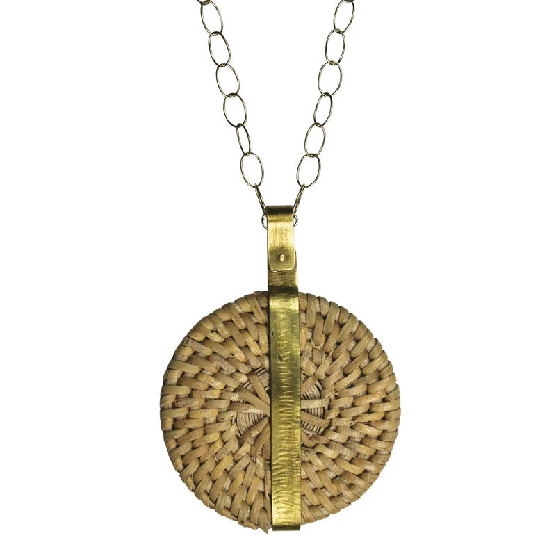 women’s rose gold necklace-Biscayne Rattan Necklace with Brass Band