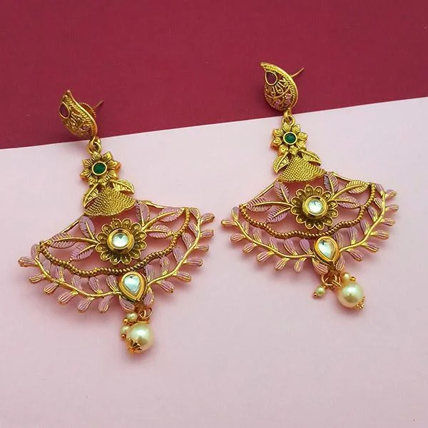 women’s clip-on earrings-Nikita Arts Gold Plated Stone And Pink Meenakari Copper Matte Dangler Earrings - 1313118D