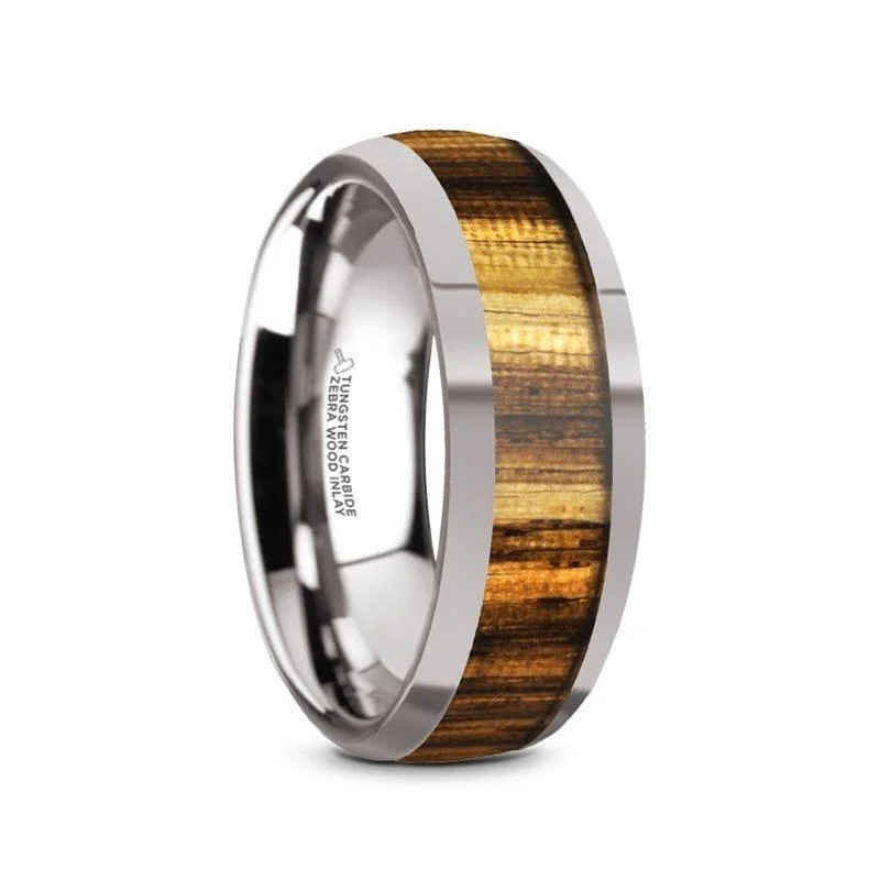 women’s oval engagement rings-TIGRE Tungsten Carbide Polished Finish Men’s Domed Wedding Band with Zebra Wood Inlay - 8mm