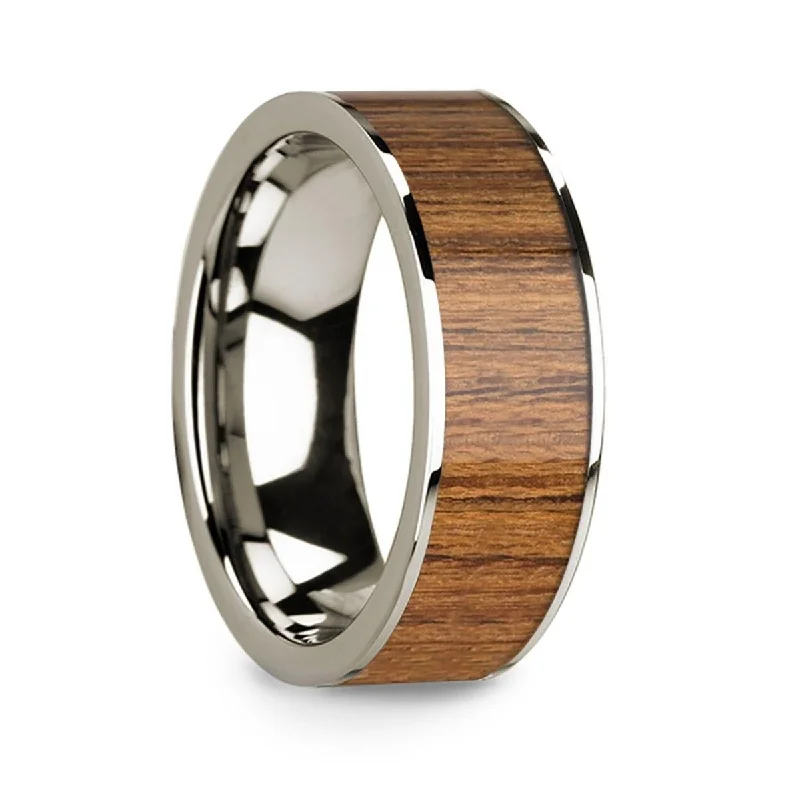 women’s princess cut engagement rings-Polished 14k White Gold Men’s Wedding Band with Teak Wood Inlay - 8mm