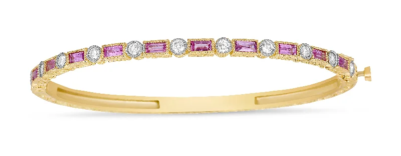 women’s pearl and gold bracelet-Pink Sapphire Baguette & Diamond Bezel Bangle