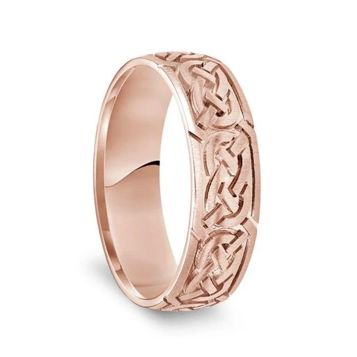 women’s white gold engagement rings-14k Rose Gold Engraved Celtic Knot Pattern Men’s Wedding Band With Satin Finish - 6.5mm - 8.5mm