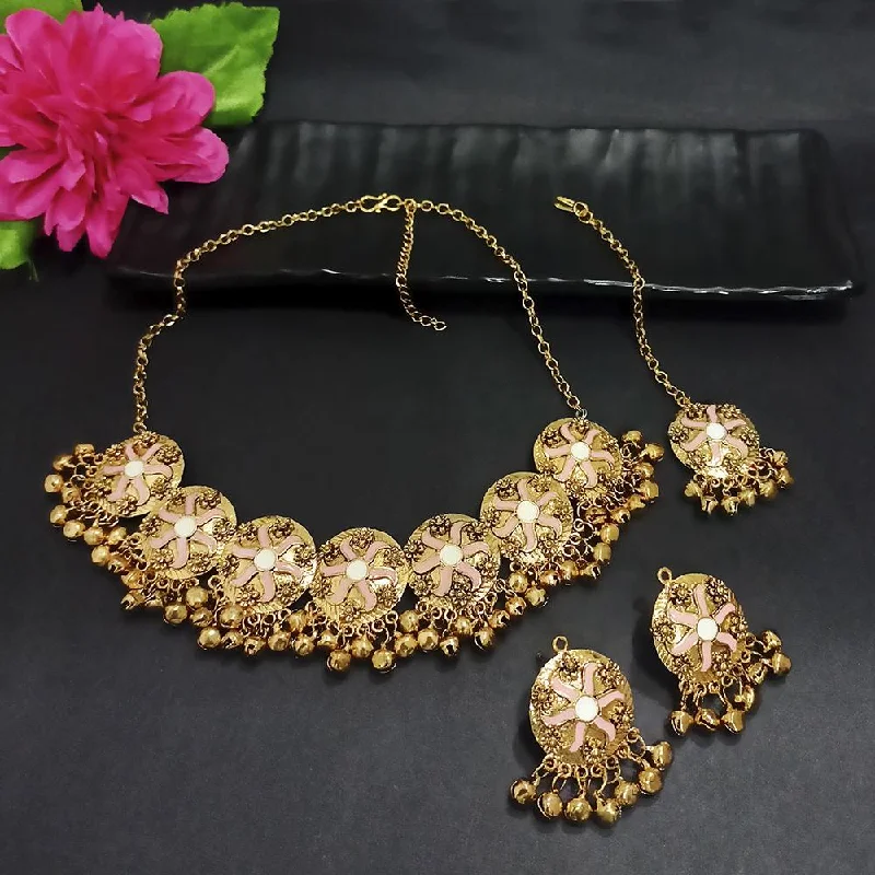 women’s layered necklace-Kriaa Gold Plated Peach Meenakari Necklace Set With Maang Tikka - 1116023G