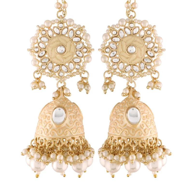 women’s crystal drop earrings-Etnico18K Gold Plated Intricately Designed Traditional with Detachable Hair Chain Encased With Kundans & Pearls Jumka Earrings For Women (E2906W)