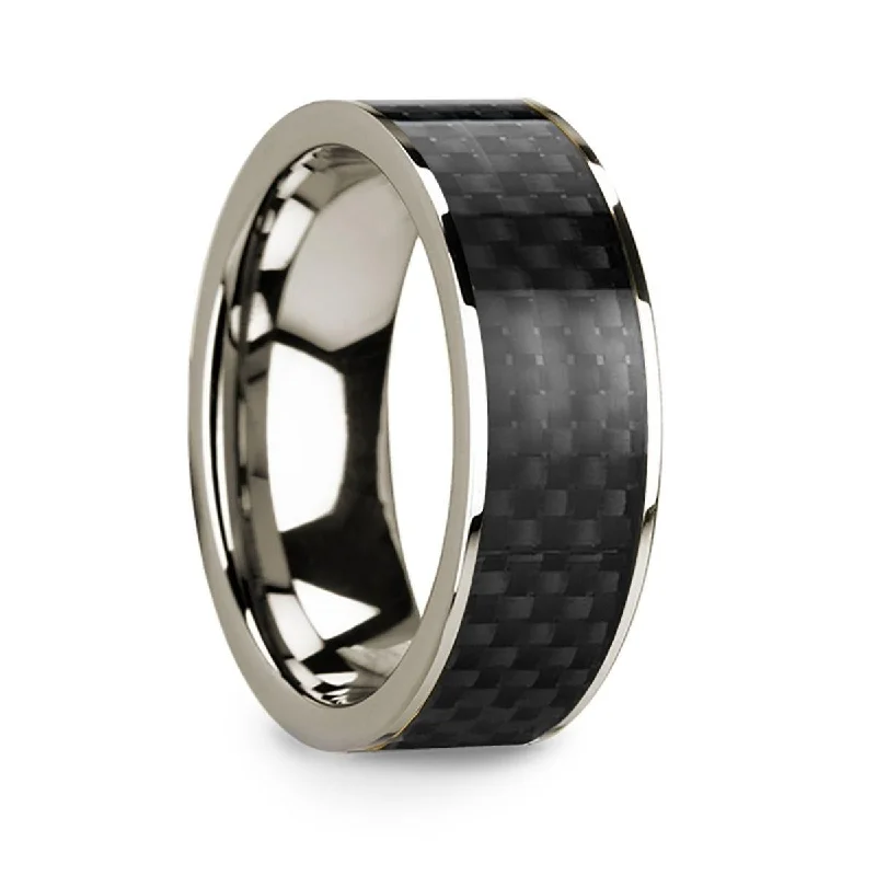 women’s platinum engagement rings-Polished 14k White Gold Men’s Wedding Band with Black Carbon Fiber Inlay - 8mm