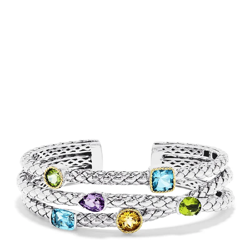 women’s minimalistic bracelet-925 Sterling Silver & 18K Yellow Gold Multi Gemstone Cuff, 9.00 TCW