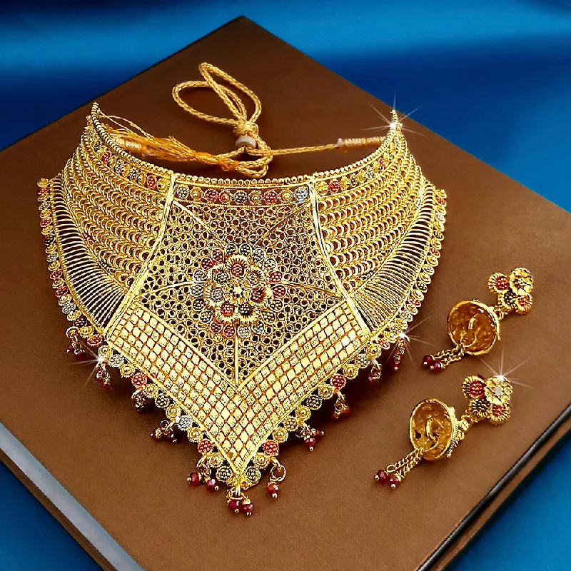 women’s delicate gold necklace-Kalyani Forming Gold Plated Traditional Designer Necklace & Earring Set