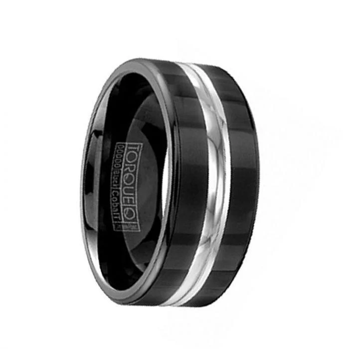 women’s unique engagement rings-SHULK Torque Black Cobalt Wedding Band Brushed Finish Center Accent Polished Edges - 9 mm