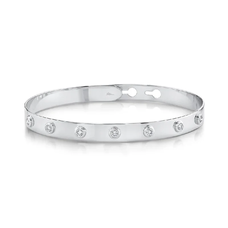 women’s beaded bracelet-14K White Gold Diamond Bezel Latch Bangle