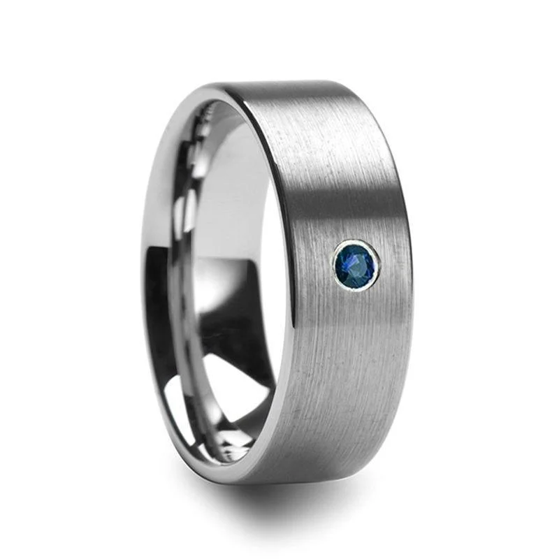 women’s elegant engagement rings-MAVI Men’s Brushed Finish Flat Tungsten Wedding Band with Blue Diamond - 6mm & 8mm