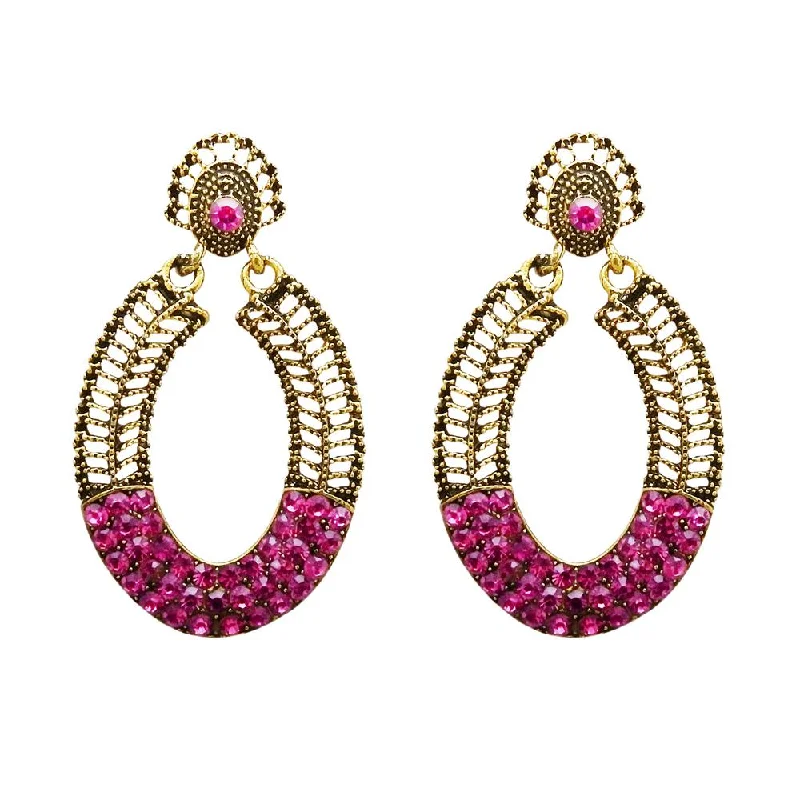 women’s chandelier earrings-Kriaa Antique Gold Plated Pink Austrian Stone Dangler Earrings - 1312016D