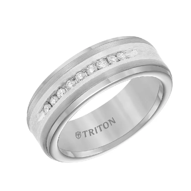 women’s white gold engagement rings-BURGESS Tungsten Wedding Band with Silver Inlay and 9 White Diamonds by Triton Rings - 8 mm