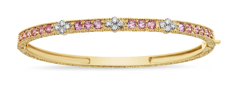 women’s platinum bracelet-3 Cluster Pink Sapphire & White Diamond Bangle