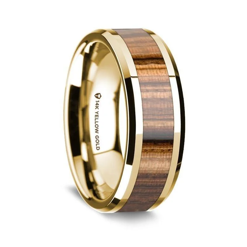 women’s antique engagement rings-14K Yellow Gold Polished Beveled Edges Men's Wedding Band with Zebra Wood Inlay - 8 mm