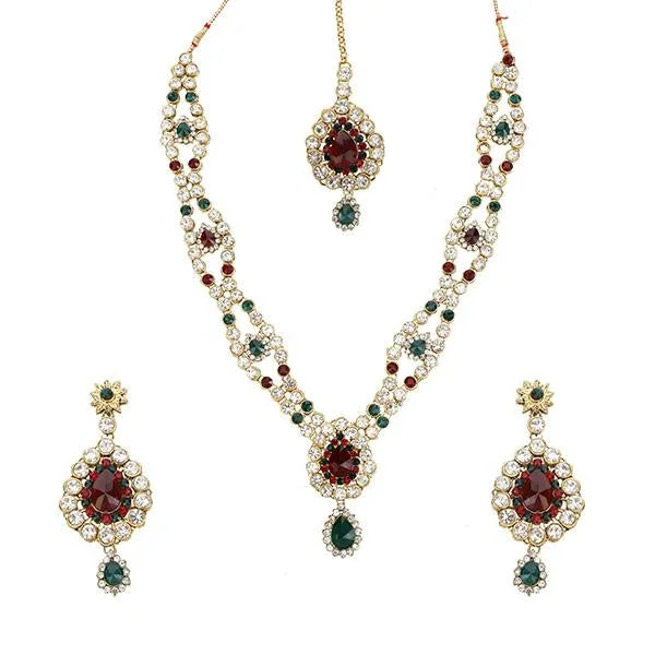 women’s platinum necklace-Kriaa Maroon Austrian Stone Necklace Set With Maang Tikka - 1103641