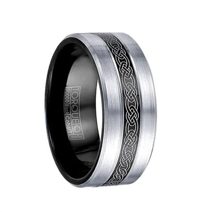 women’s rose gold wedding rings-MCCLOUD Torque Black Cobalt Wedding Band Laser Celtic Center Design Brushed Finish with Black Inside - 9 mm