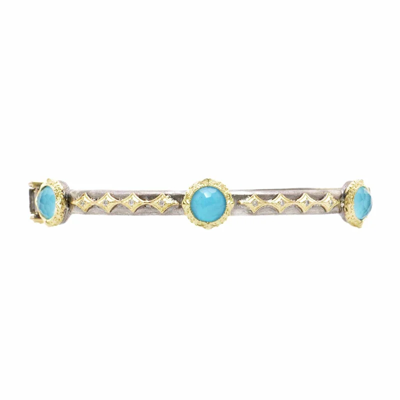 women’s enamel bracelet-Old World Hinged Bangle with Turquoise Doublets and Diamonds