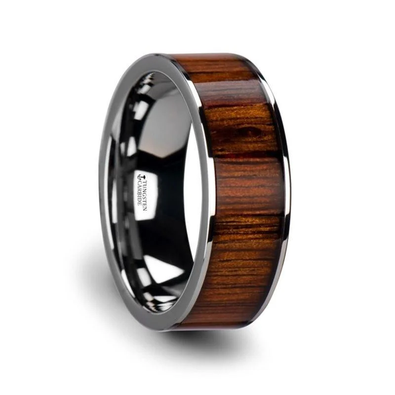 women’s floral engagement rings-KALANI Flat Tungsten Carbide Wedding Band with Rare Koa Wood Inlay and Polished Edges - 6mm - 10mm