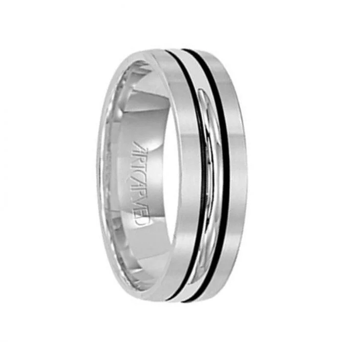 women’s emerald cut diamond engagement rings-CASTLE 14k White Gold Wedding Band with Modern Black Linear Center Brushed Finish Rolled Edges by Artcarved - 6 mm