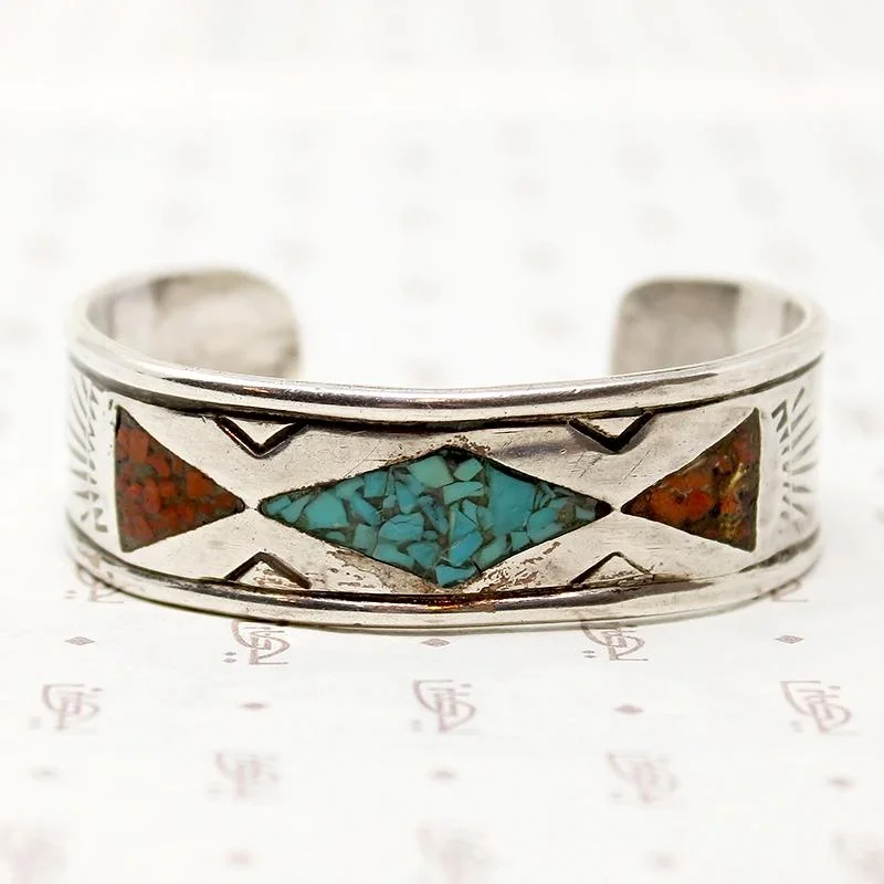 women’s double-layer bracelet-Handsome Signed Silver Cuff with Inlay