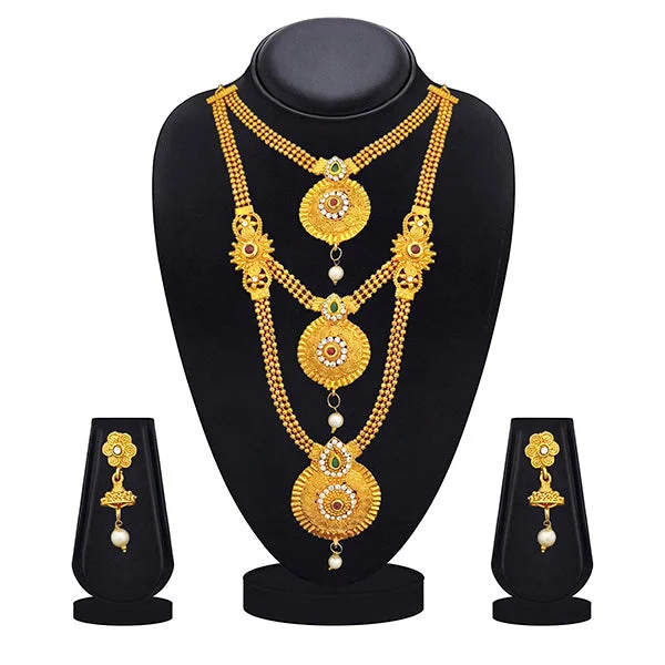 women’s choker necklace-Kriaa Gold Plated Maroon Green Stone Triple layer Necklace Set