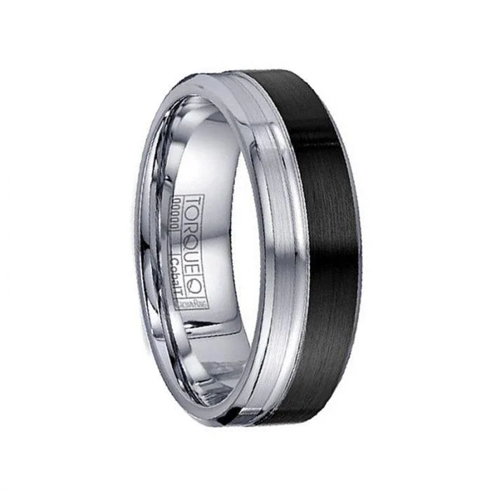 women’s wedding band engagement rings-MILES Torque Two Toned Black Cobalt Wedding Band Brushed Grooved Center Design Beveled Edges - 7 mm