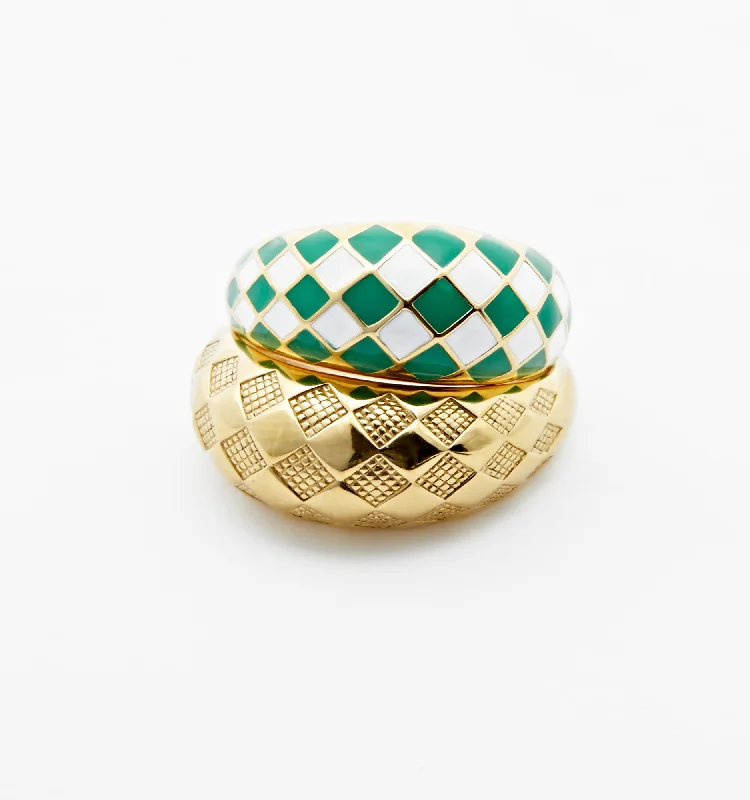 women’s gold-plated ring-Checker Rings - Green Set of 2