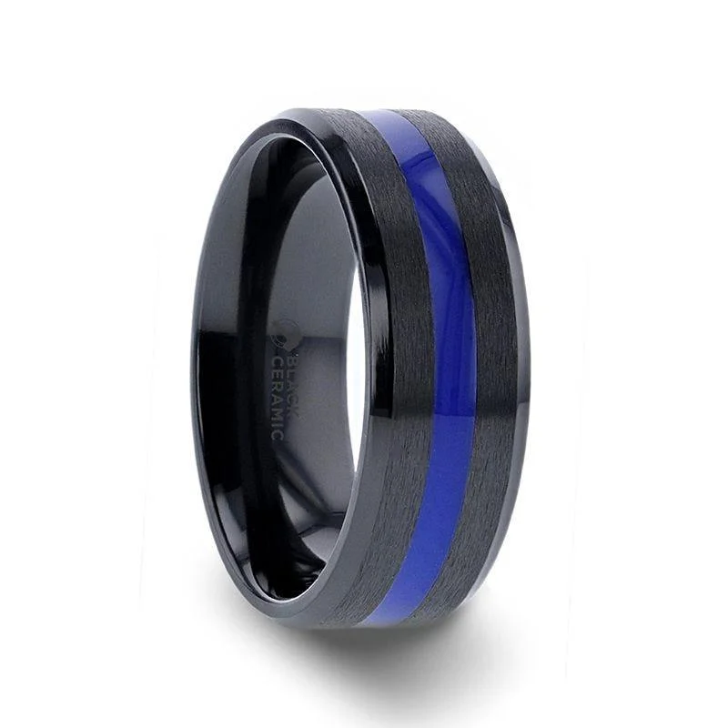 women’s platinum diamond engagement rings-DECLAN Men’s Beveled Black Ceramic Brushed Finish Wedding Band with Polished Blue Stripe - 8mm