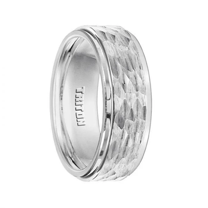 women’s vintage-inspired diamond engagement rings-ISAIAH White Tungsten Carbide Wedding Band with Polished Step Edges and Hammered Finished Raised Center by Triton Rings - 8mm