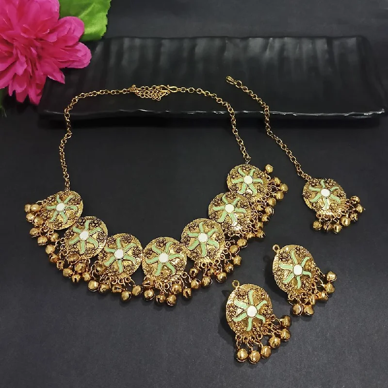 women’s long necklace-Kriaa Gold Plated Light Green Meenakari Necklace Set With Maang Tikka - 1116023F