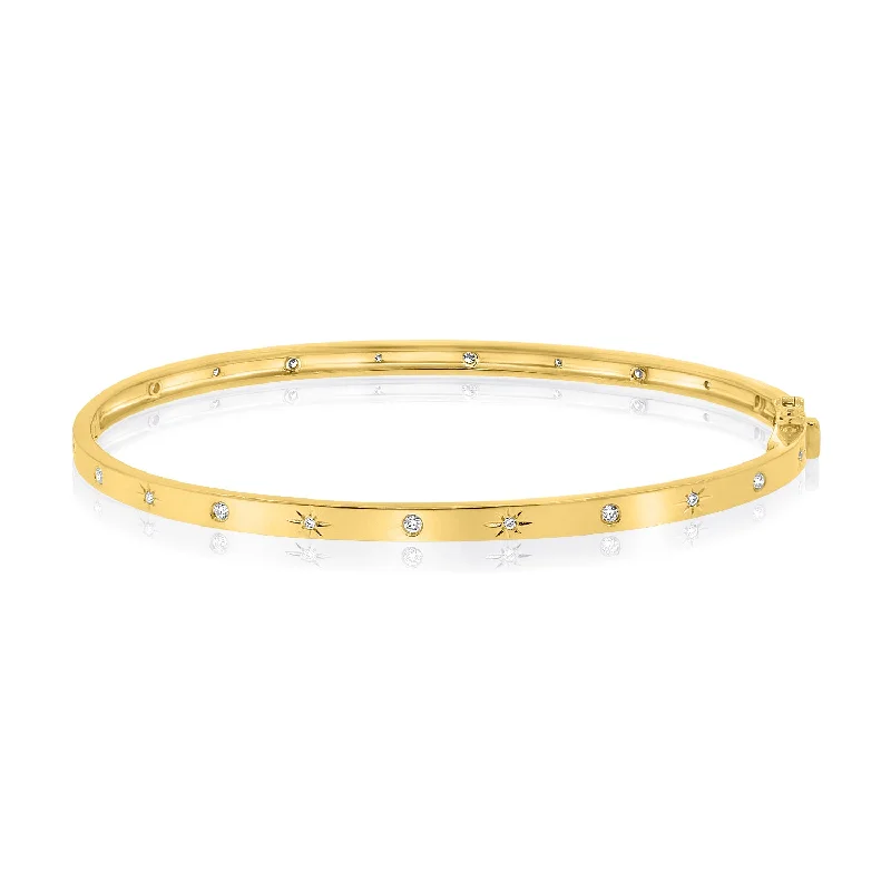 women’s diamond tennis bracelet-Unique 14K Gold Starbust Pattern Diamond Bangle