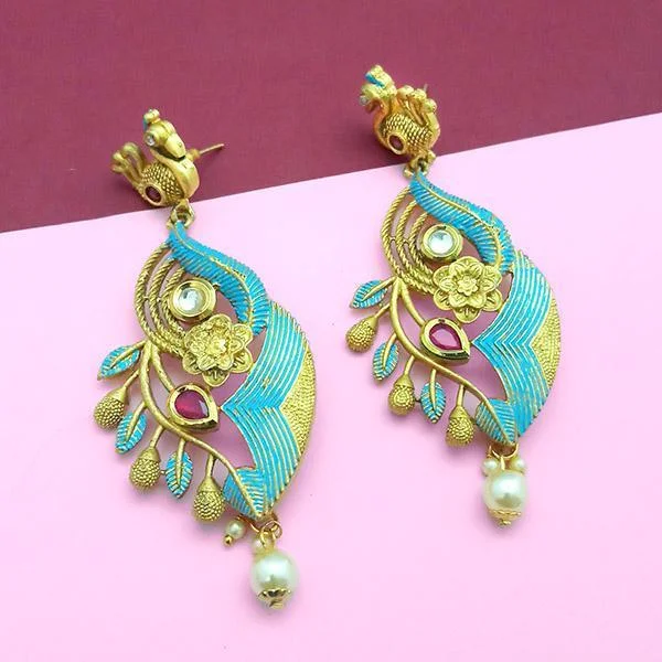 women’s sparkly diamond earrings-Nikita Arts Gold Plated Stone And Blue Meenakari Copper Matte Dangler Earrings - 1313122B