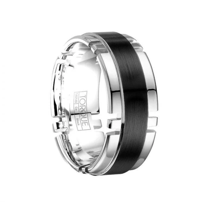 women’s bezel set engagement rings-Torque Black Cobalt Wedding Band Brushed Finish with Polished Cut Out Edges- 9 mm