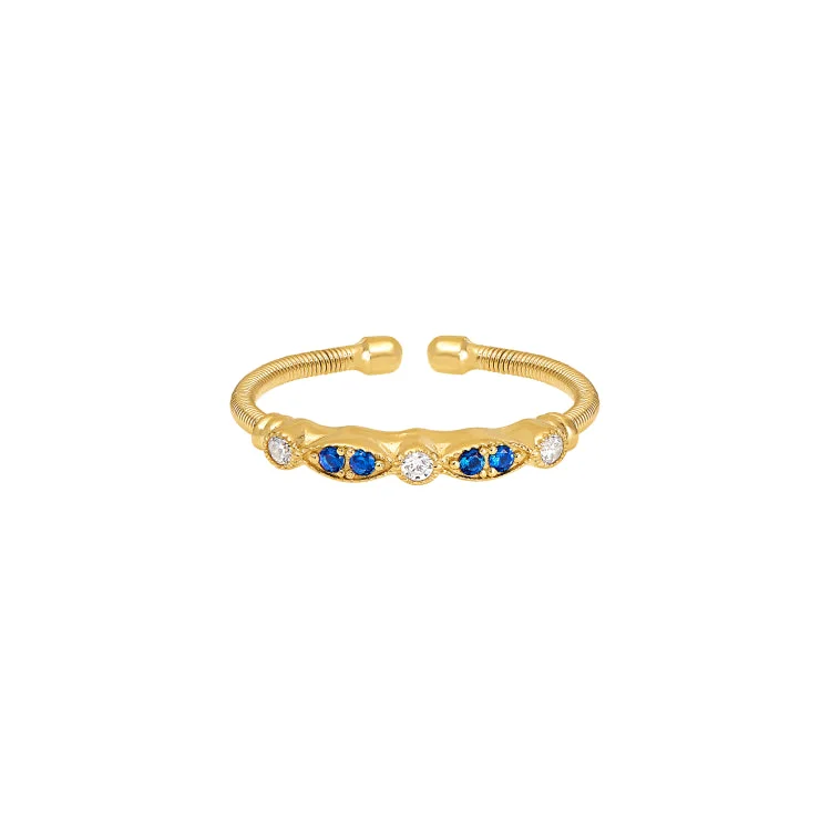 women’s emerald-cut diamond ring-Gold Finish Sterling Silver Cable Cuff Ring with Simulated Blue Sapphire and Simulated Diamond Marquis & Round Design