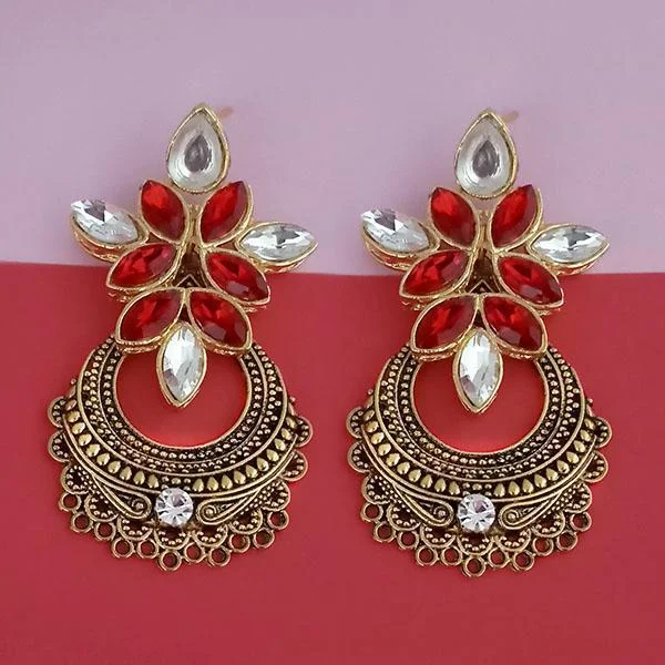 women’s art deco earrings-Kriaa Gold Plated Red Kundan Stone Dangler Earrings - 1315524C