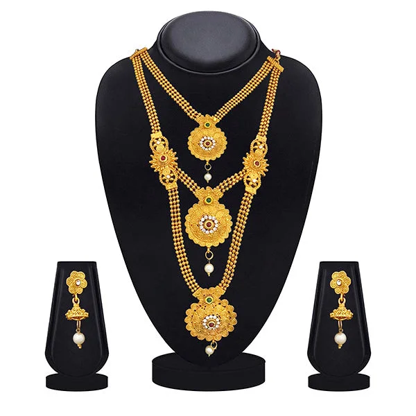 women’s heart-shaped necklace-Kriaa Gold Plated Maroon Green Stone Triple layer Necklace Set