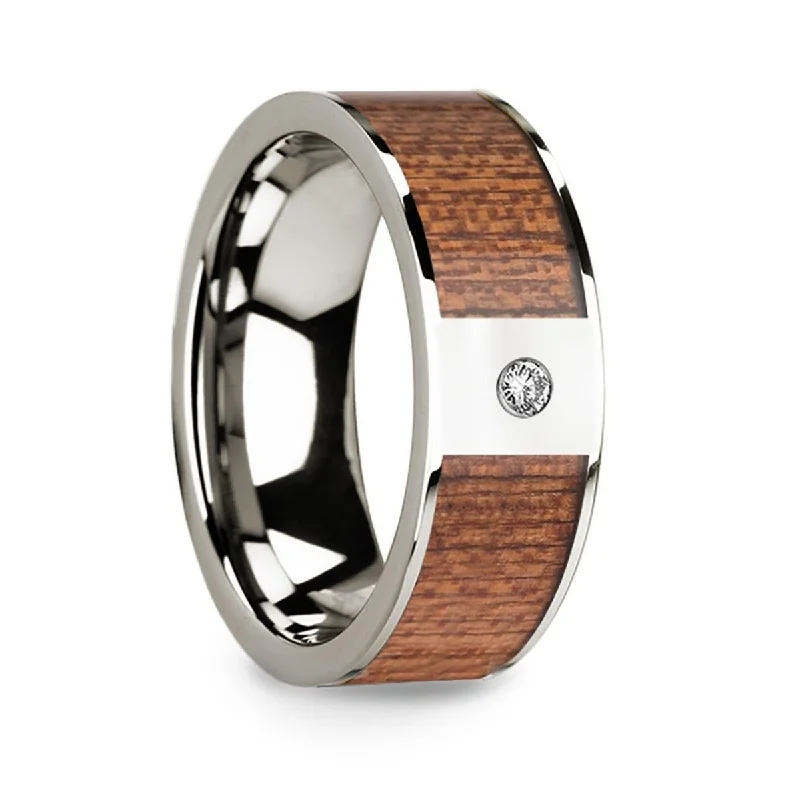 women’s cushion cut engagement rings-Men’s Polished 14k White Gold Wedding Band with Cherry Wood Inlay & Diamond Center - 8mm