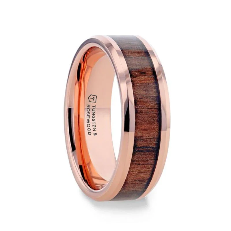 women’s diamond eternity rings-ALDER Rose Gold Plated Rosewood Inlaid Tungsten Men's Wedding Band With Beveled Polished Edges - 8mm