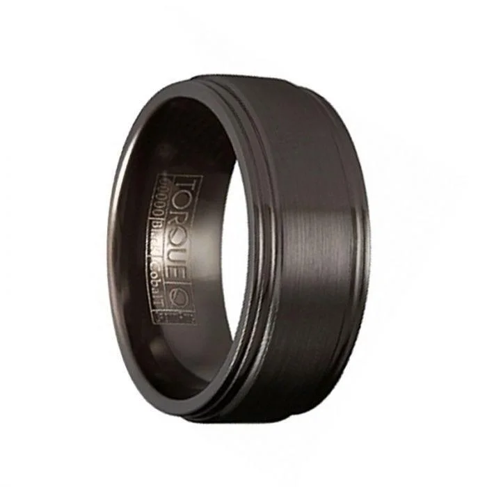 women’s yellow gold engagement rings-RYU Torque Black Cobalt Wedding Band Brushed Finish with Grooved Edge Accents - 9 mm