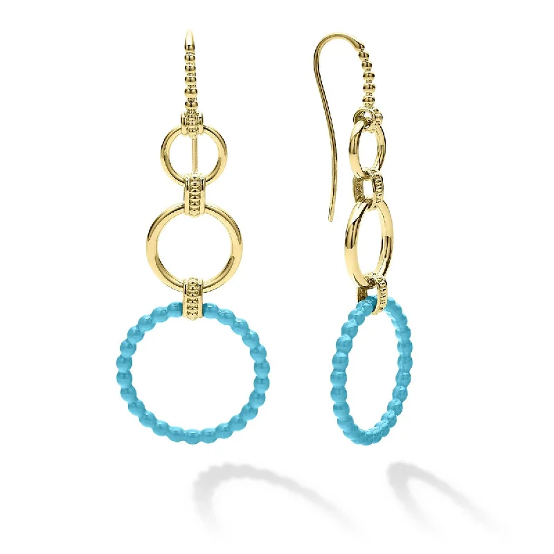 women’s silver hoop earrings-Three Gold and Blue Ceramic Circle Drop Earrings