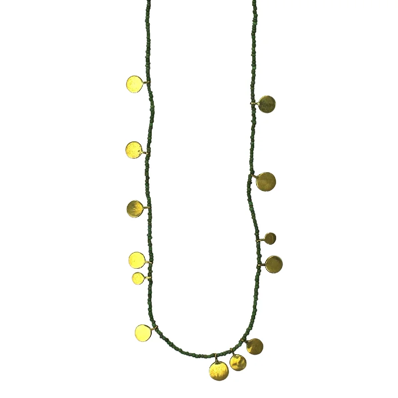 women’s anniversary necklace-Necklace, Brass Tabs on Green Beads